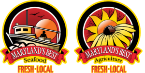 Two circular Maryland’s Best logos, one depicting a fishing boat on a sunset background for seafood, and the other depicting a black-eyed Susan flower for agriculture, both labeled “FRESH-LOCAL.”
