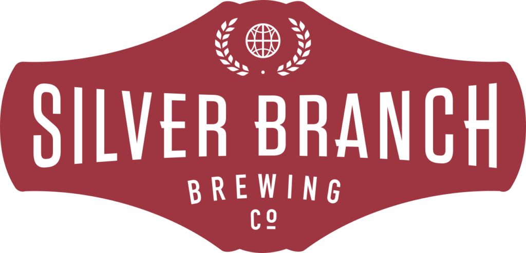 Logo for Silver Branch Brewing Co. featuring a globe icon above the text on a maroon background.