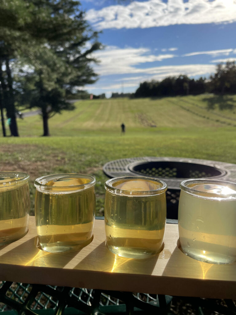 A flight of four glasses of cider on a wooden paddle, overlooking a grassy field.