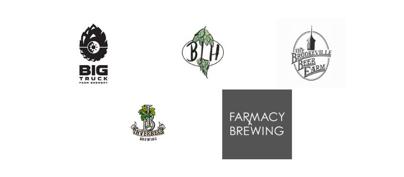 Logos for Big Truck Farm Brewery, BLH, The Brookeville Beer Farm, Inverness Brewing, and Farmacy Brewing.