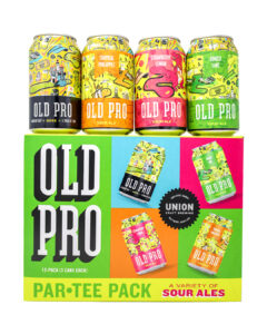 A 12-pack of Old Pro sour ales, featuring four cans each of Tropical Pineapple, Strawberry Lemon, and Ginger Lime flavors.