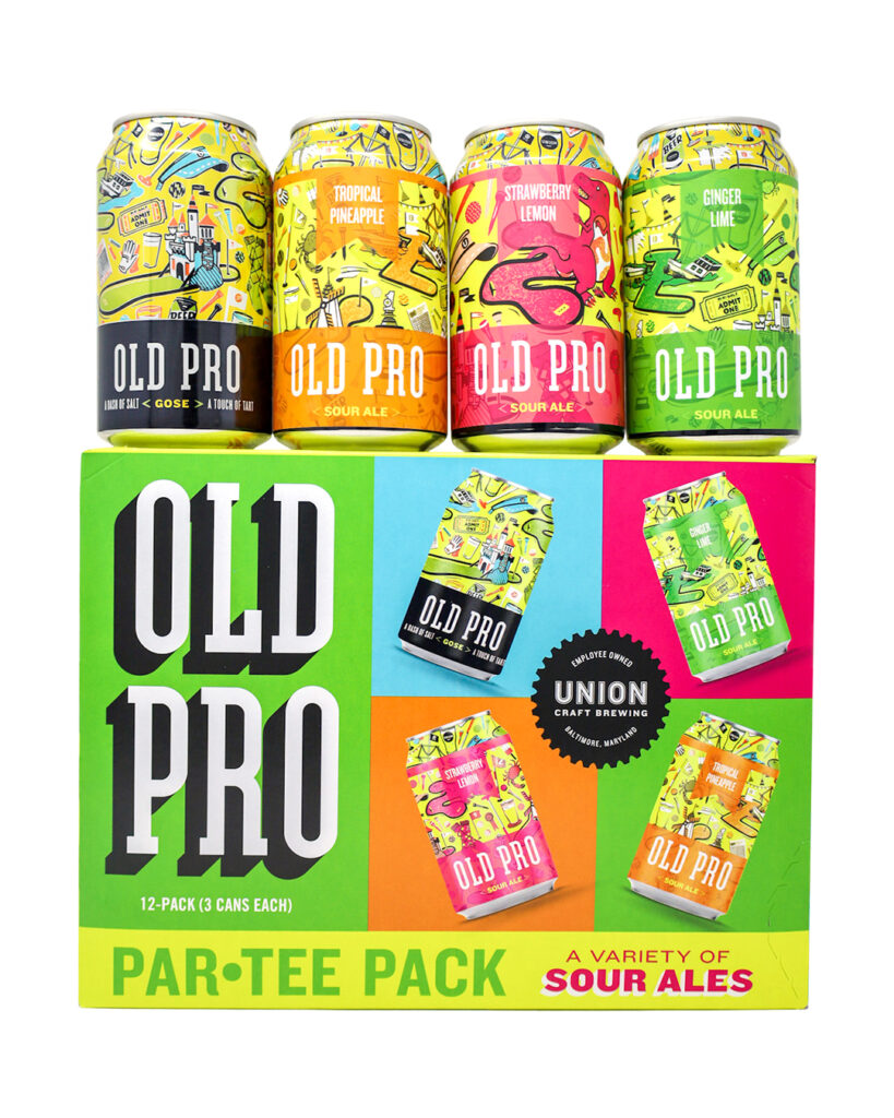 A 12-pack of Old Pro sour ales, featuring four cans each of Tropical Pineapple, Strawberry Lemon, and Ginger Lime flavors.