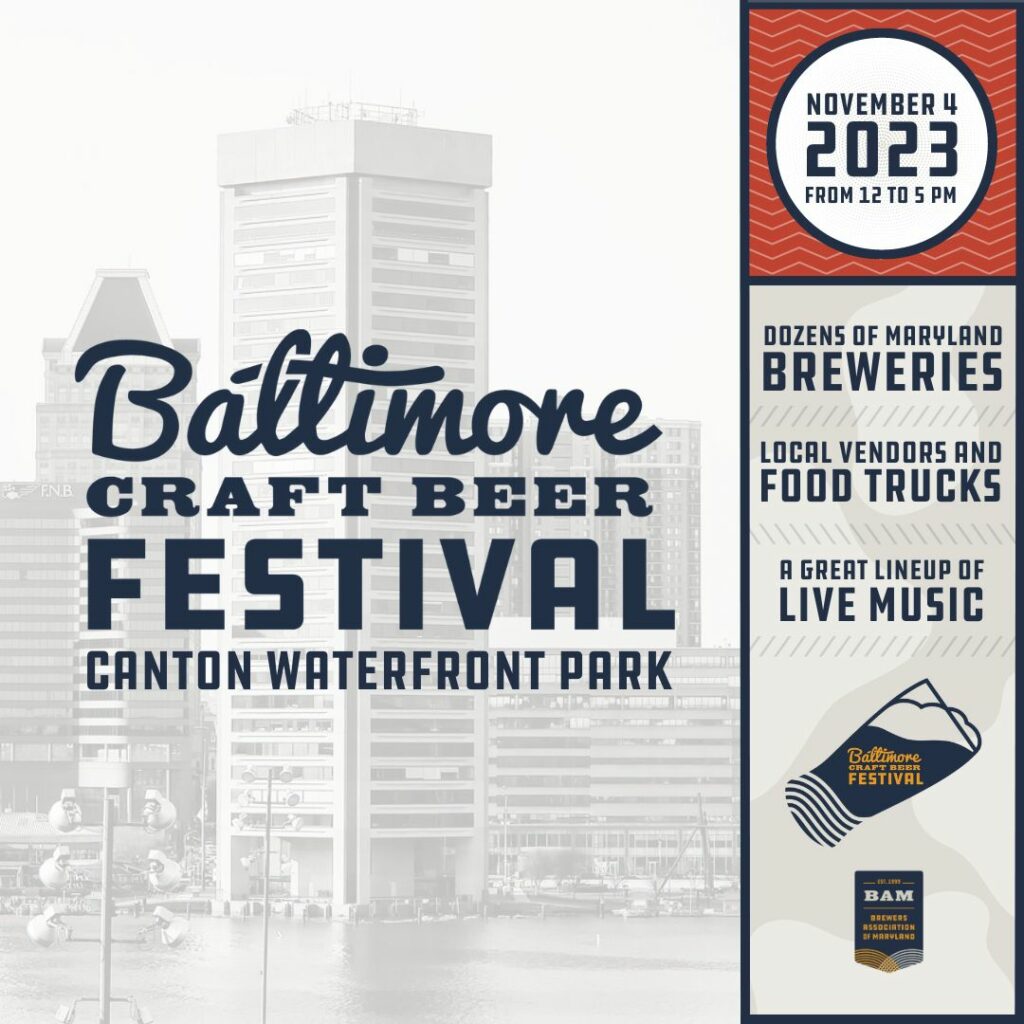 Event poster for the Baltimore Craft Beer Festival at Canton Waterfront Park on November 4, 2023, from 12 to 5 PM, featuring Maryland breweries, food trucks, and live music.