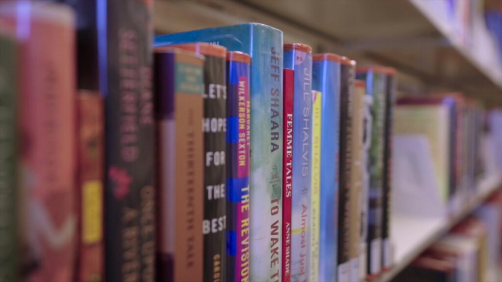 Close-up view of a row of book spines on a shelf in a library.