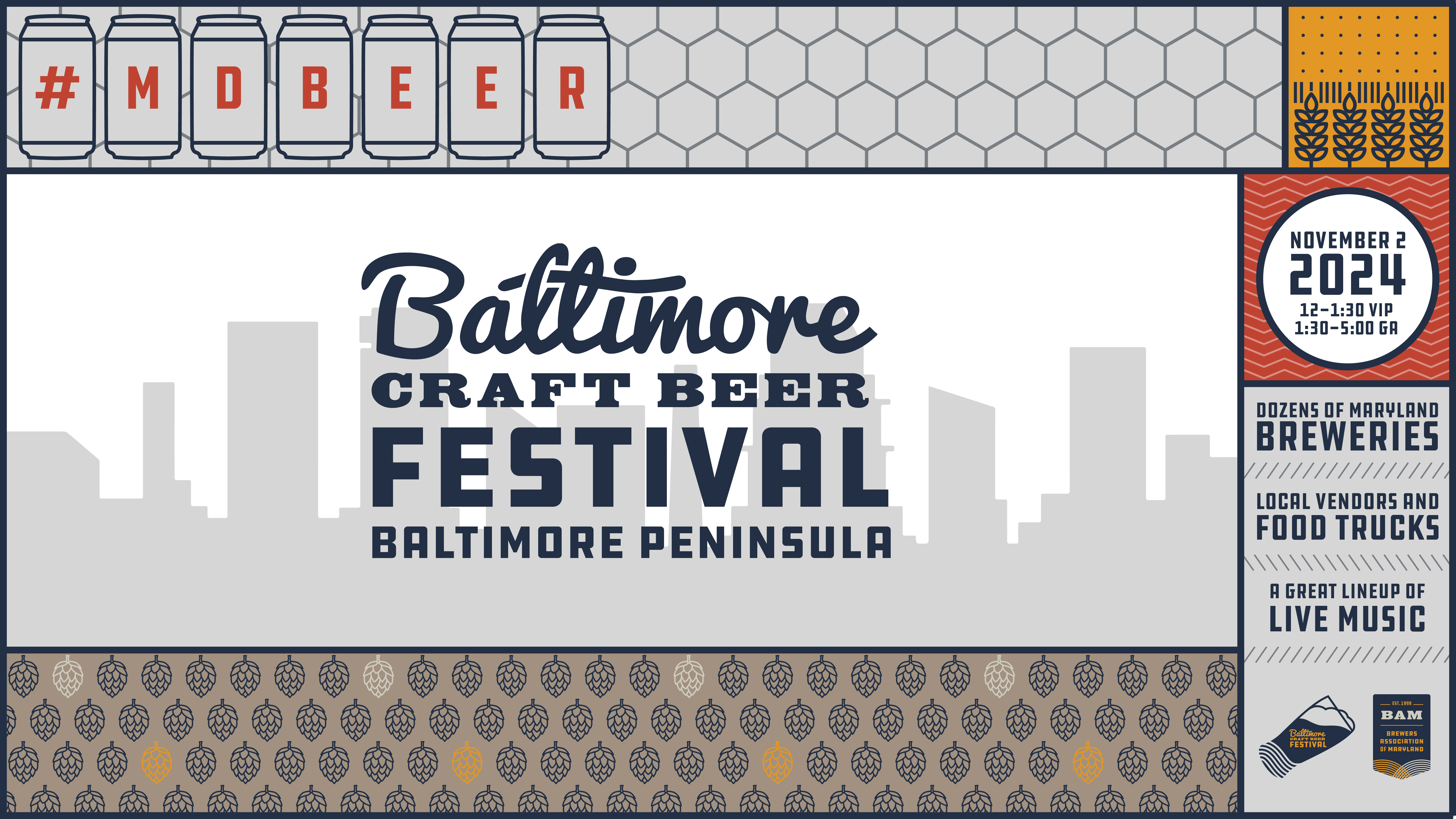 Poster for the Baltimore Craft Beer Festival on November 2, 2024, at Baltimore Peninsula, featuring local breweries, food trucks, and live music.