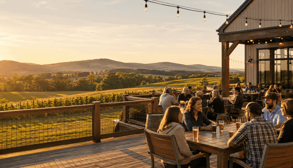 People sit at wooden tables on a patio, enjoying drinks at sunset. Rolling hills and vineyards stretch into the distance, with warm string lights overhead and a peaceful, golden sky.