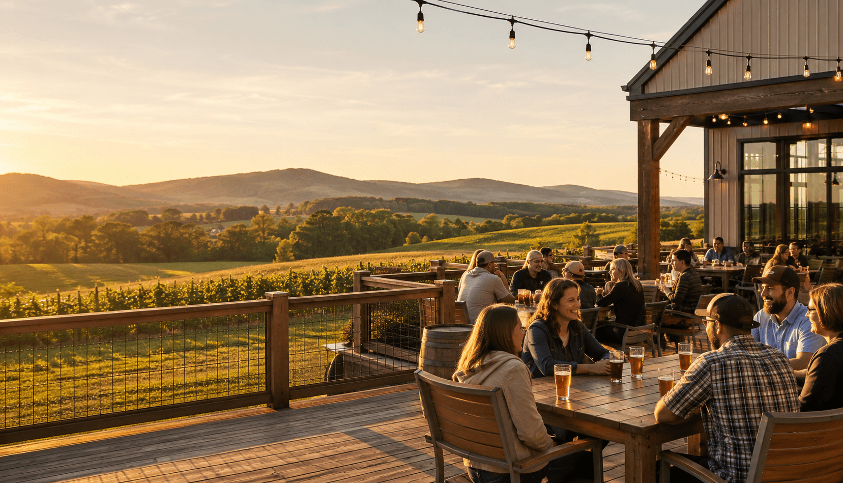 People sit at wooden tables on a patio, enjoying drinks at sunset. Rolling hills and vineyards stretch into the distance, with warm string lights overhead and a peaceful, golden sky.