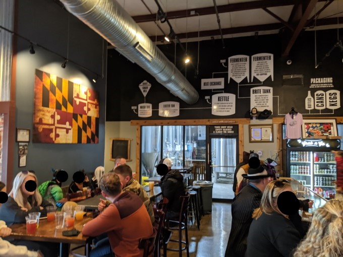 Patrons sit at tables and a bar inside a brewery with a large Maryland state flag on the wall and a diagram of the brewing process painted on the back wall.