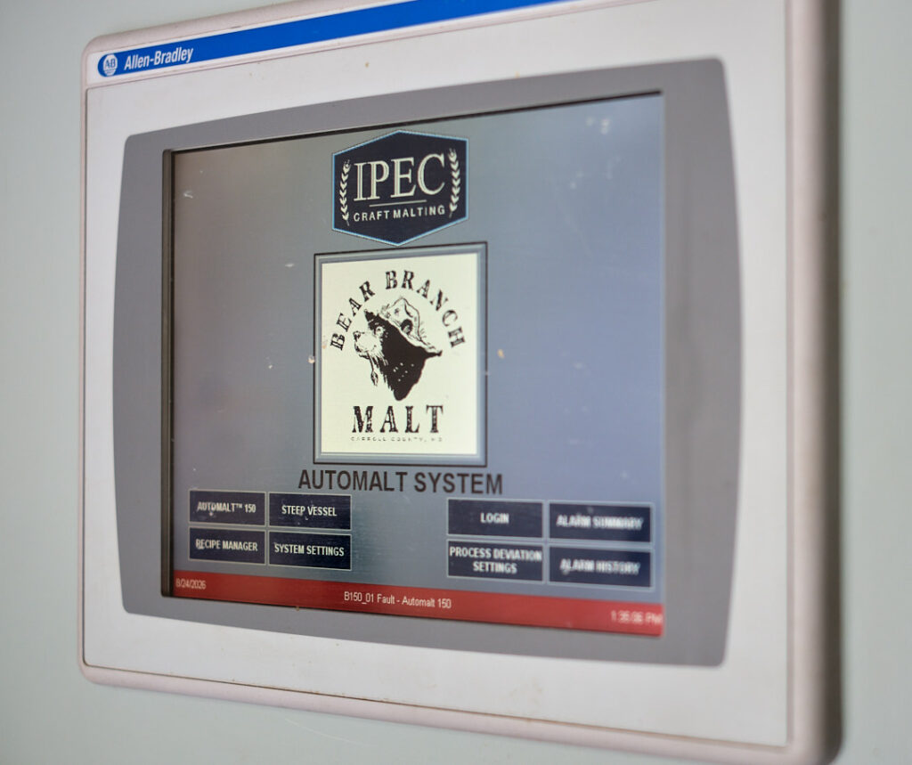 Allen-Bradley industrial touchscreen display for an IPEC Bear Branch Malt automalt system, showing navigation buttons for system settings, recipes, and alarms.