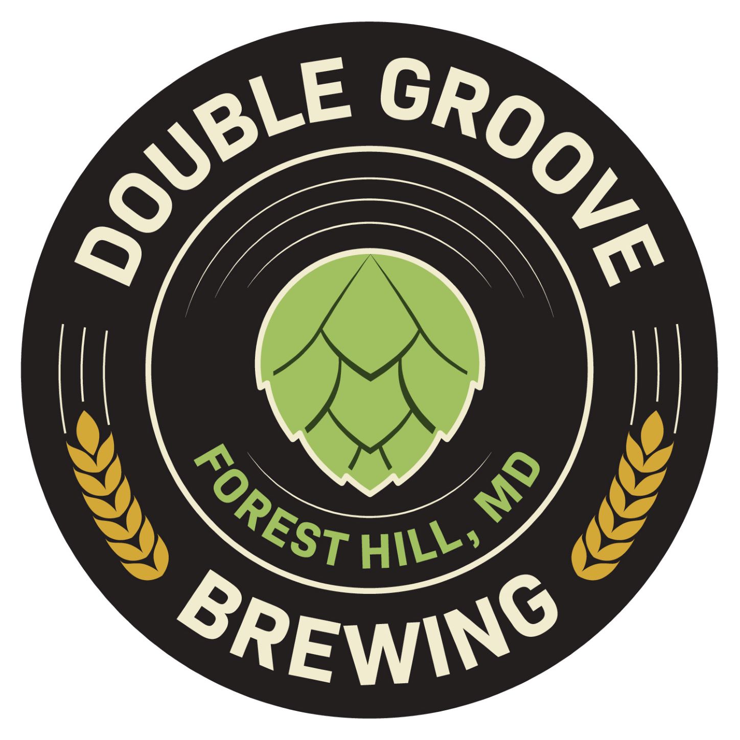 A round logo for Double Groove Brewing with a green hop cone in the center, golden wheat stalks, and the text “Double Groove Brewing, Forest Hill, MD” on a black background.
