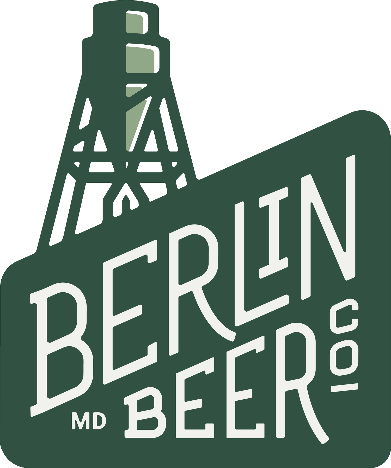 Logo for Berlin Beer Co., featuring stylized white text on a dark green background with an illustration of a water tower. The text reads “BERLIN MD BEER CO.” The design has a modern, geometric feel.