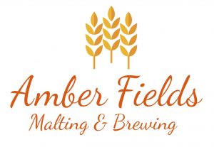 Logo for Amber Fields Malting & Brewing featuring an icon of three stalks of grain above the company name.