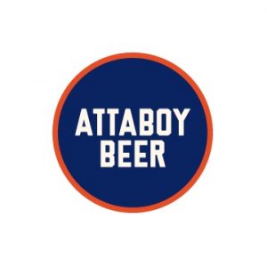 Circular blue logo with an orange border, featuring the text “ATTABOY BEER” in white capital letters.
