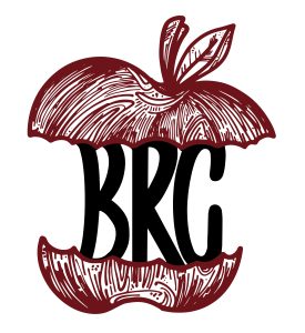 Logo of a maroon etched apple core with the letters BRG in black between the top and bottom halves.