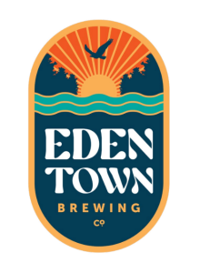 Logo for Eden Town Brewing Co. featuring a sun setting over stylized waves and a bird in flight.