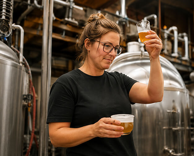 A person in a brewery examining a small glass of beer against the light.