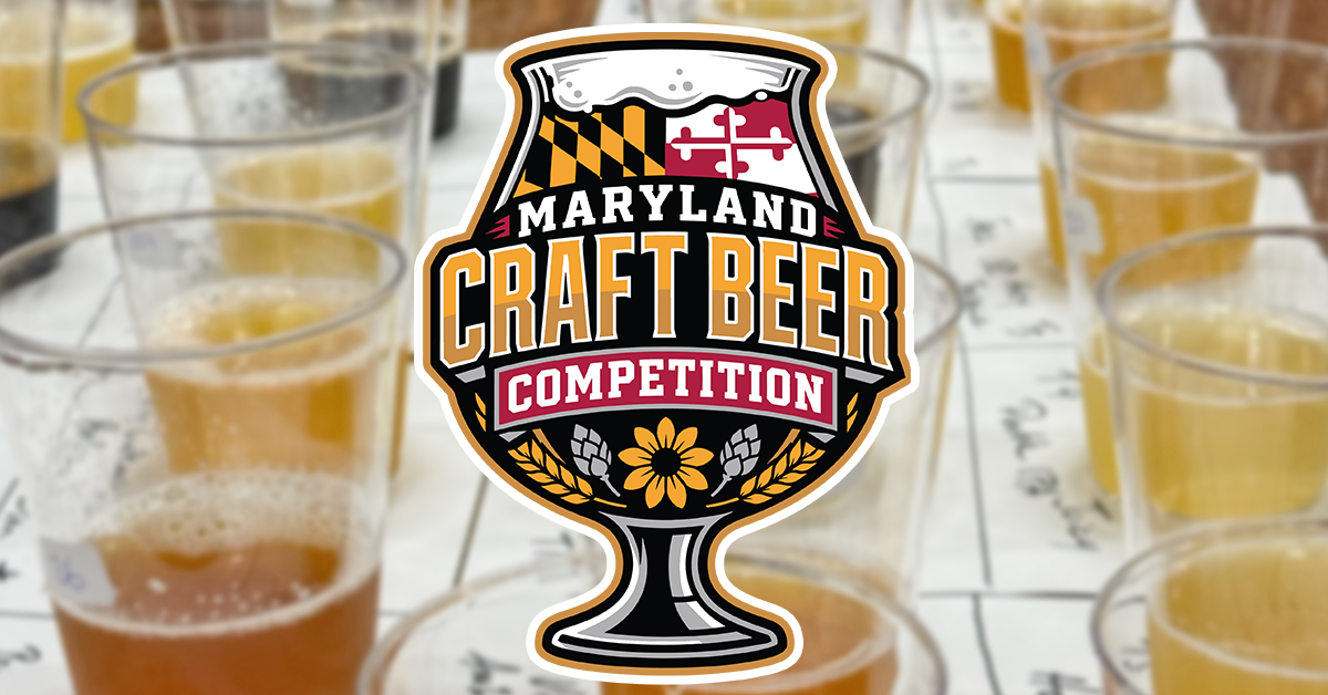 Maryland Craft Beer Competition logo featuring a stylized beer glass filled with the Maryland state flag, centered over a table of tasting samples.