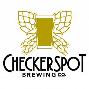 Logo for Checkerspot Brewing Co. featuring a pint glass centered in front of hop flowers, with the company name written below.