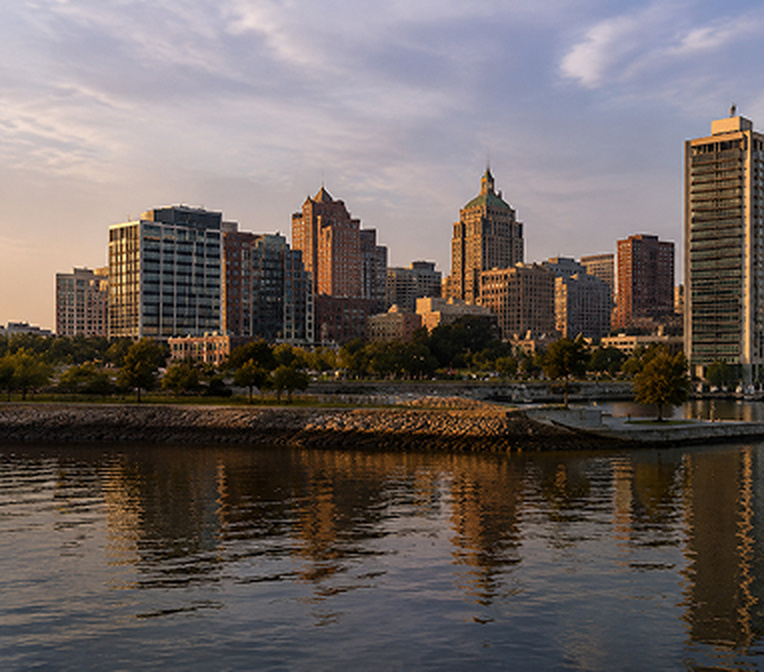 City skyline at sunset reflected in the water of a harbor.