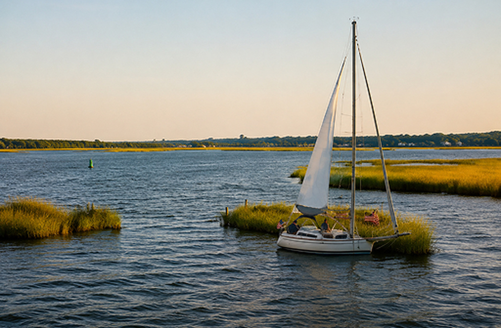 A sailboat with a raised sail drifts near a patch of marsh grass in a calm bay at sunset.