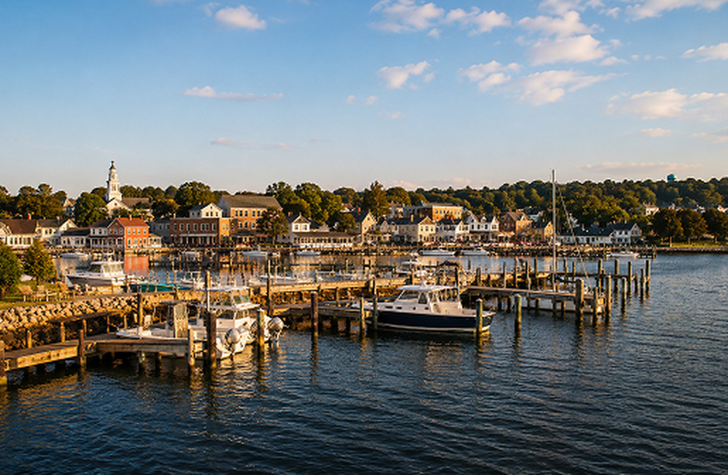 Boats docked at a wooden pier in front of a waterfront town with a church steeple.
